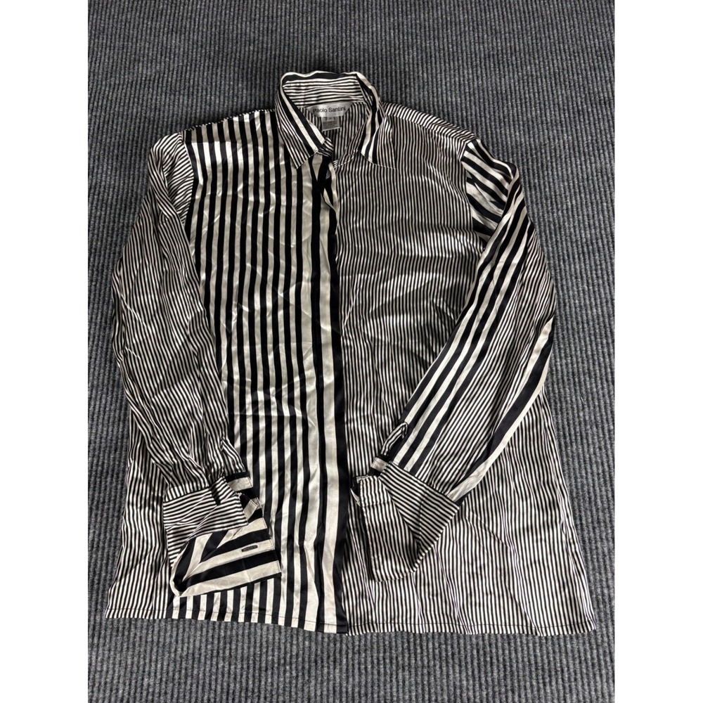 Paolo Santini Womens 100% Pure Silk Striped Button Up Blouse Black White Size 10